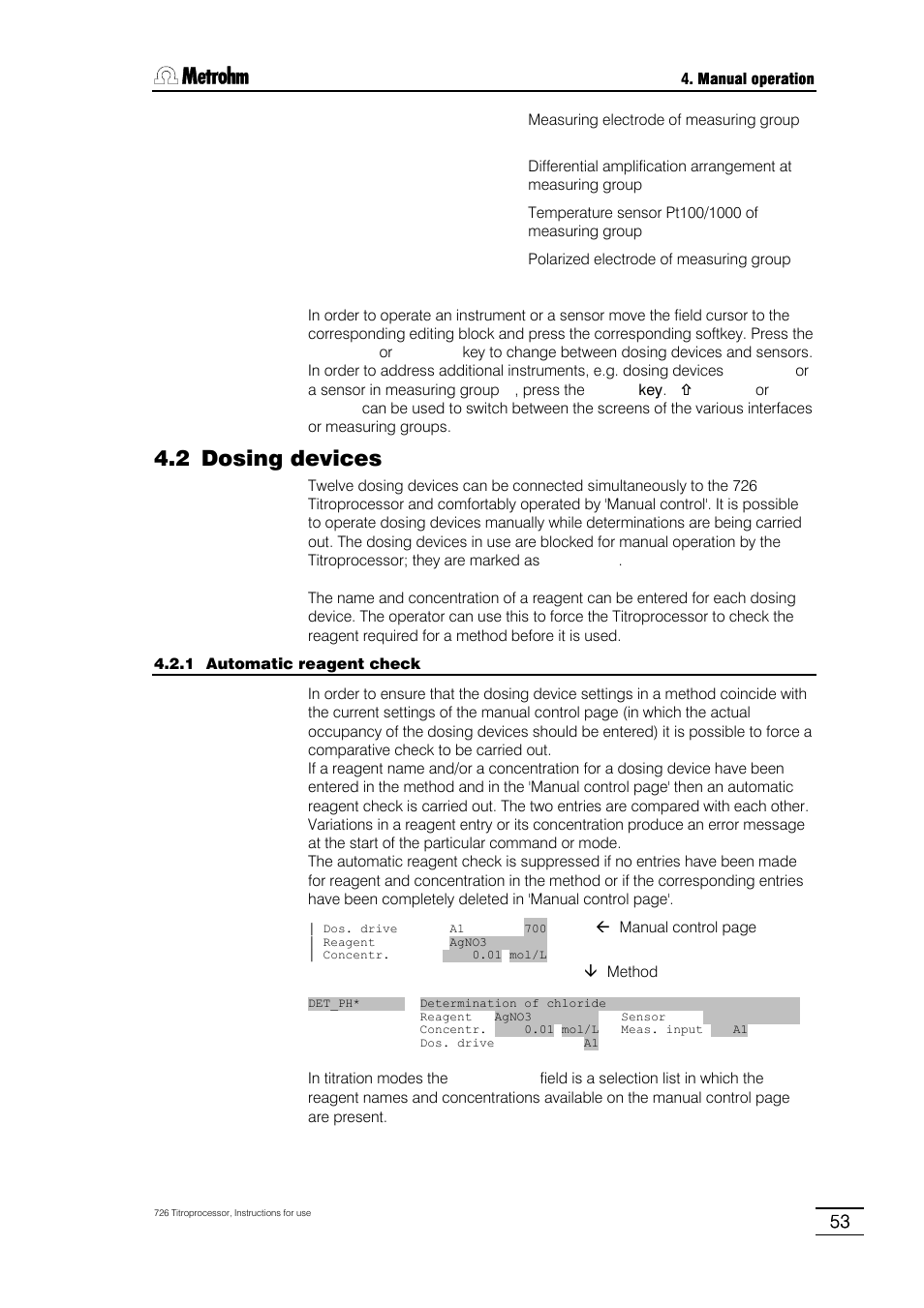 2 dosing devices, 1 automatic reagent check, 2 dosing device functions | 3 manual dosing | Metrohm 726 Titroprocessor User Manual | Page 59 / 307
