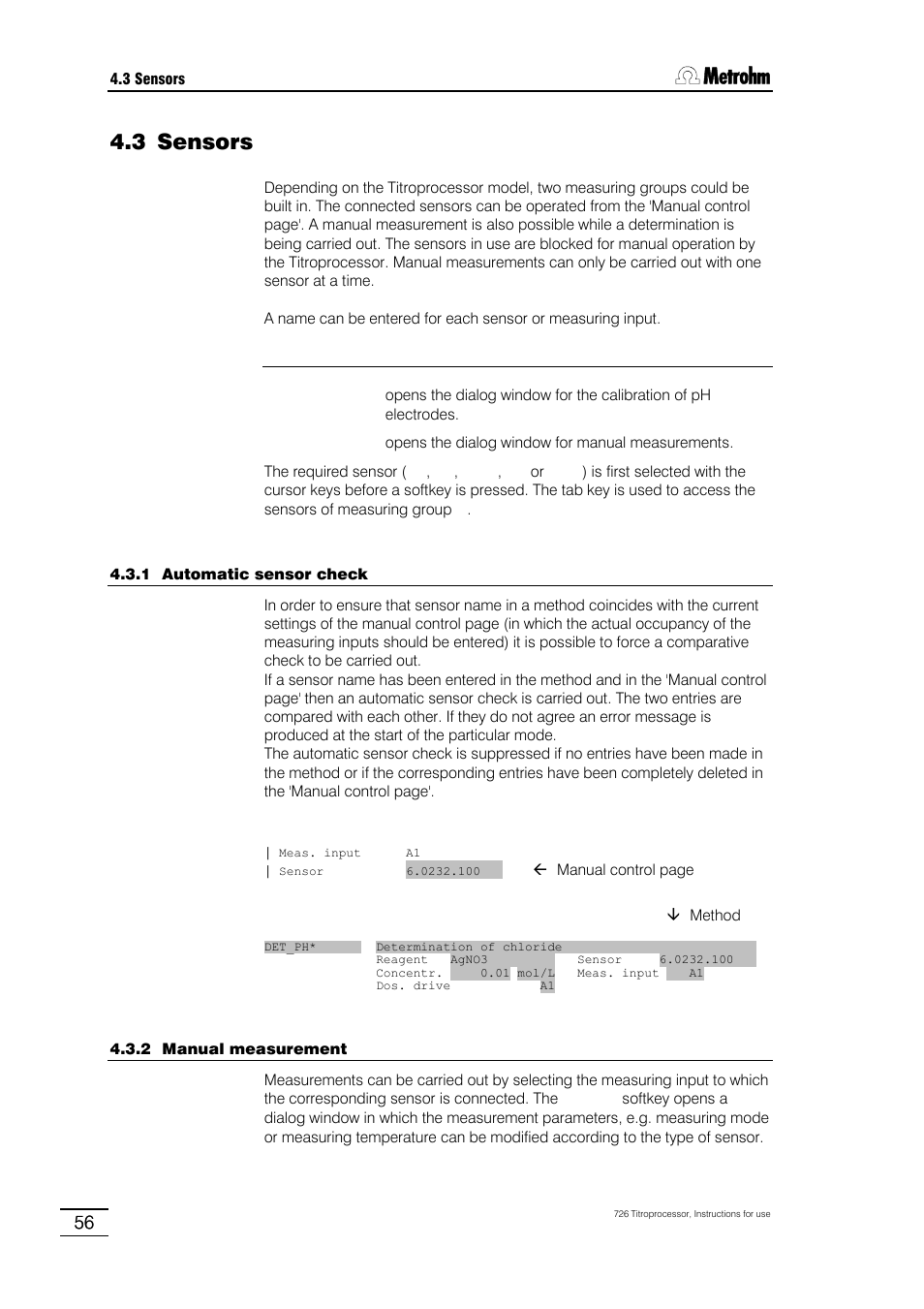 3 sensors, 1 automatic sensor check, 2 manual measurement | 3 calibration | Metrohm 726 Titroprocessor User Manual | Page 62 / 307