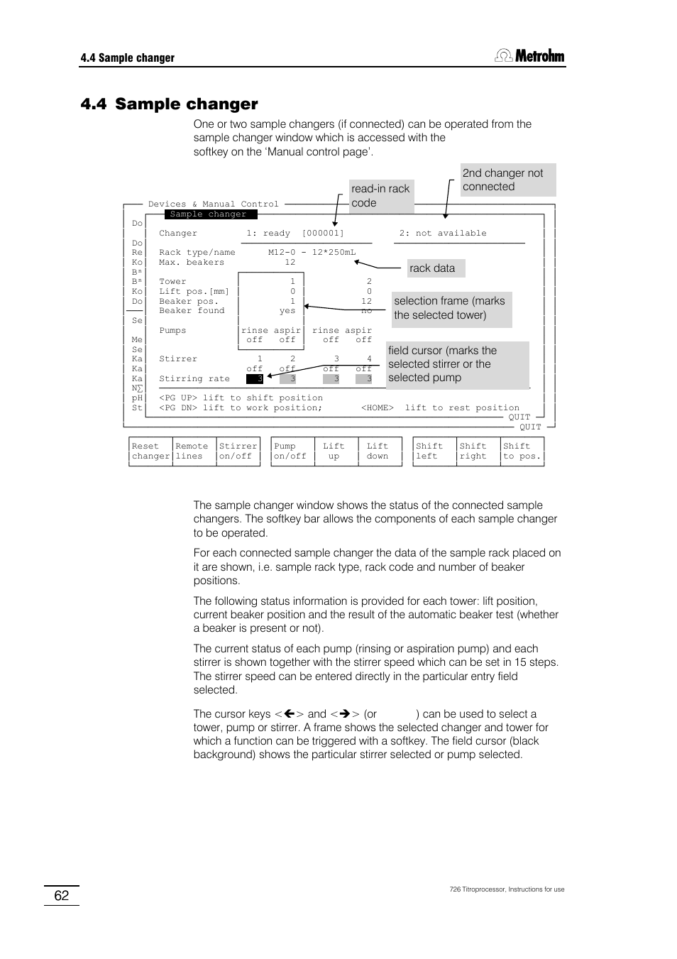 4 sample changer, 1 sample rack and lift functions | Metrohm 726 Titroprocessor User Manual | Page 68 / 307