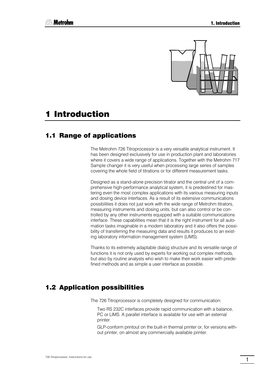 1 introduction, 1 range of applications, 2 application possibilities | Metrohm 726 Titroprocessor User Manual | Page 7 / 307