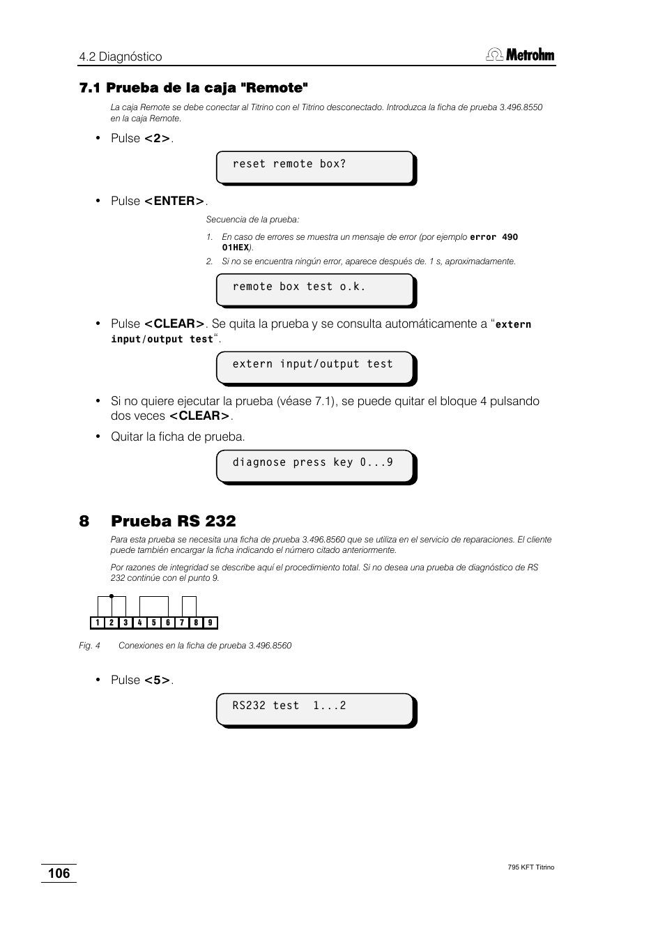 8 prueba rs 232, 1 prueba de la caja "remote | Metrohm 795 KFT Titrino User Manual | Page 110 / 154