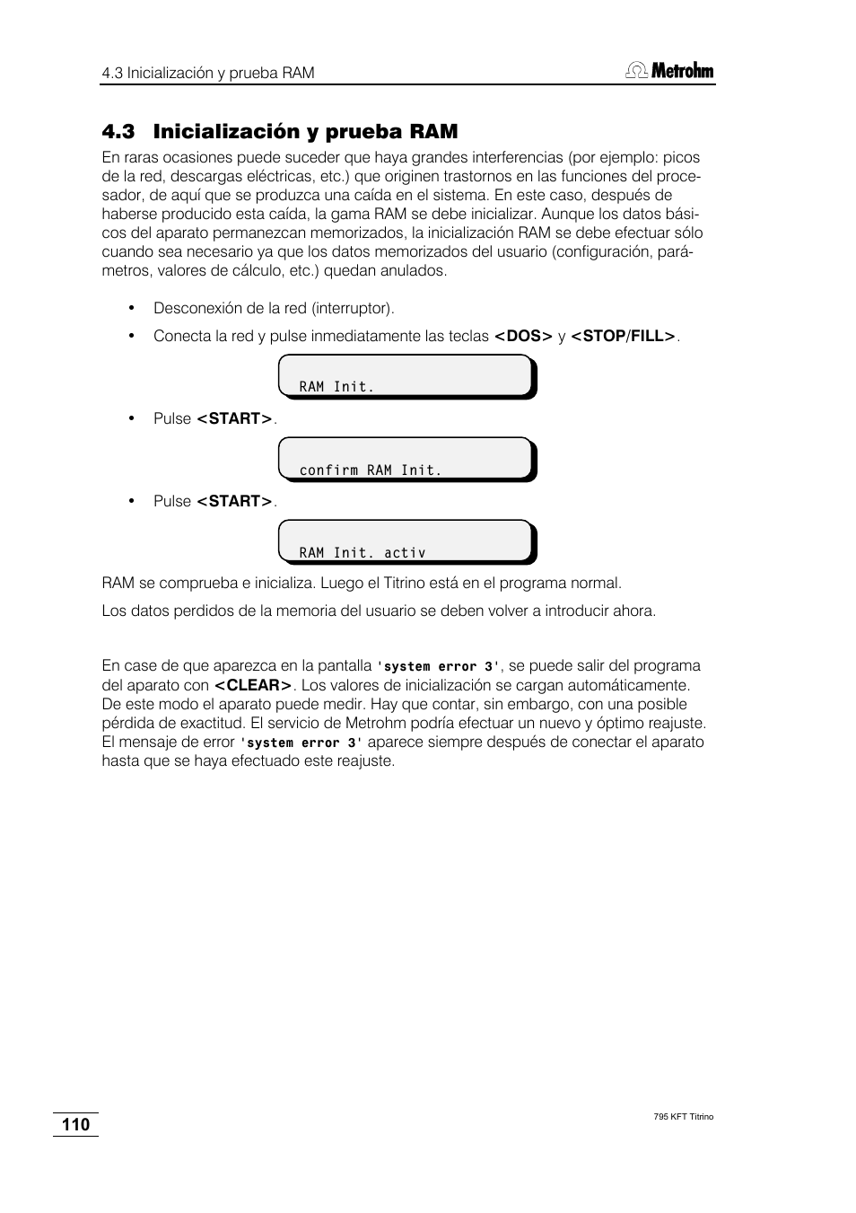 3 inicialización y prueba ram | Metrohm 795 KFT Titrino User Manual | Page 114 / 154