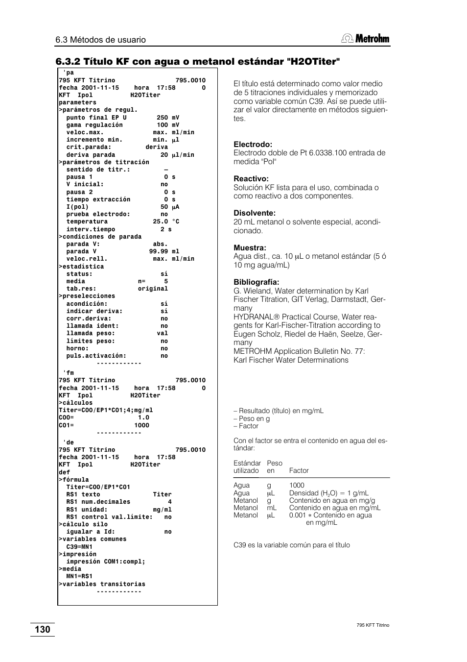 2 título kf con agua o metanol estándar "h2otiter | Metrohm 795 KFT Titrino User Manual | Page 134 / 154