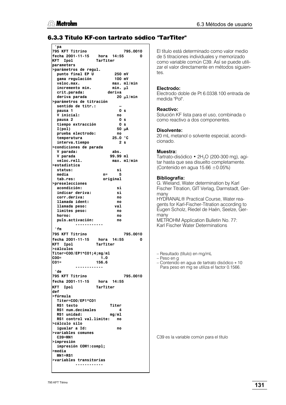 3 título kf-con tartrato sódico "tartiter | Metrohm 795 KFT Titrino User Manual | Page 135 / 154