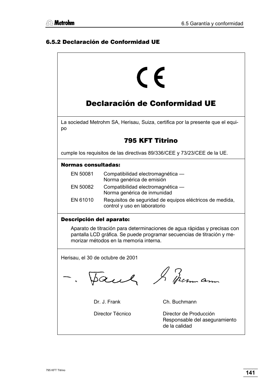 2 declaración de conformidad ue, Declaración de conformidad ue, 795 kft titrino | Metrohm 795 KFT Titrino User Manual | Page 145 / 154