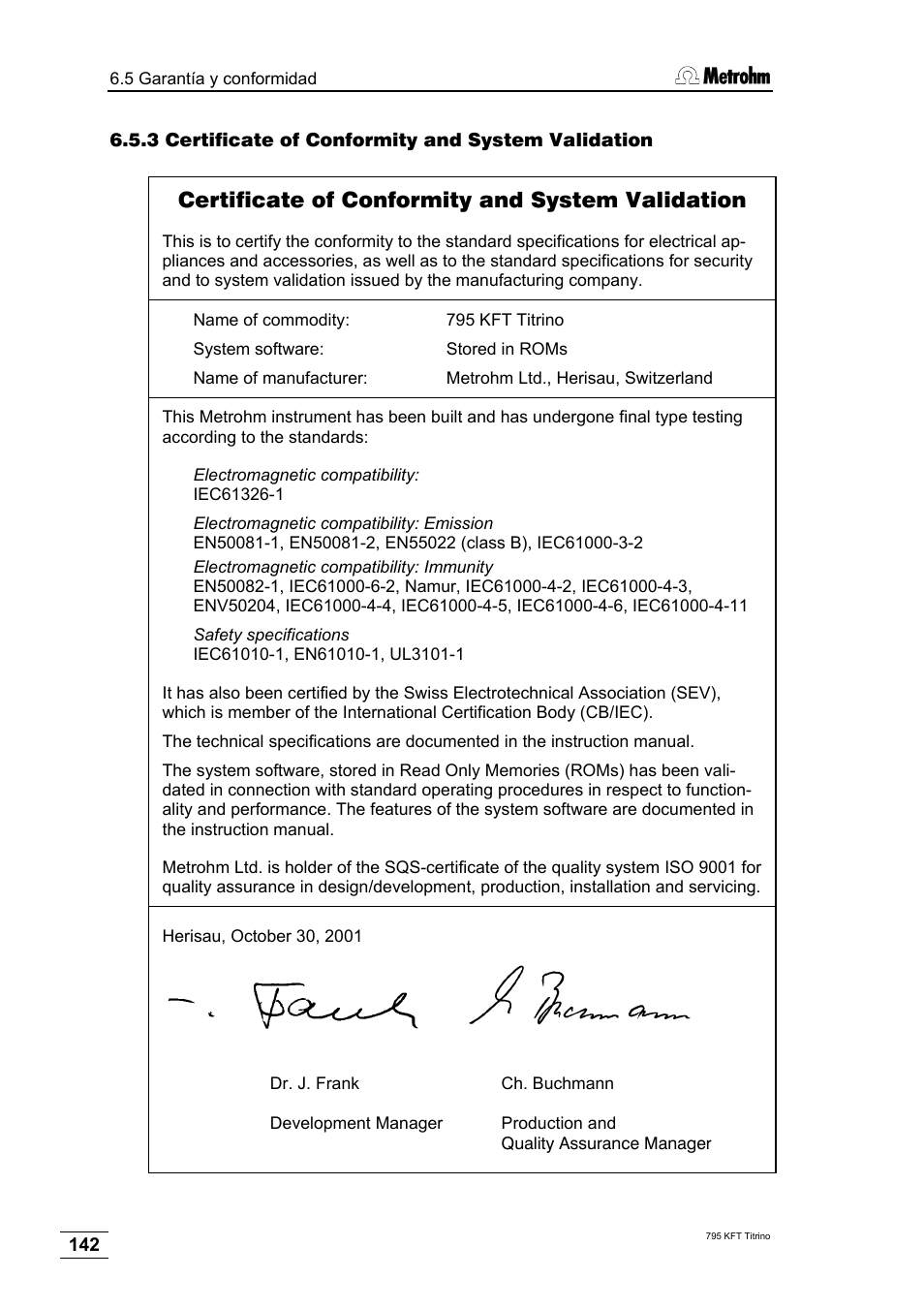 3 certificate of conformity and system validation, Certificate of conformity and system validation | Metrohm 795 KFT Titrino User Manual | Page 146 / 154