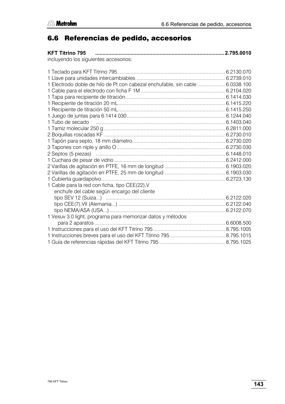 6 referencias de pedido, accesorios | Metrohm 795 KFT Titrino User Manual | Page 147 / 154