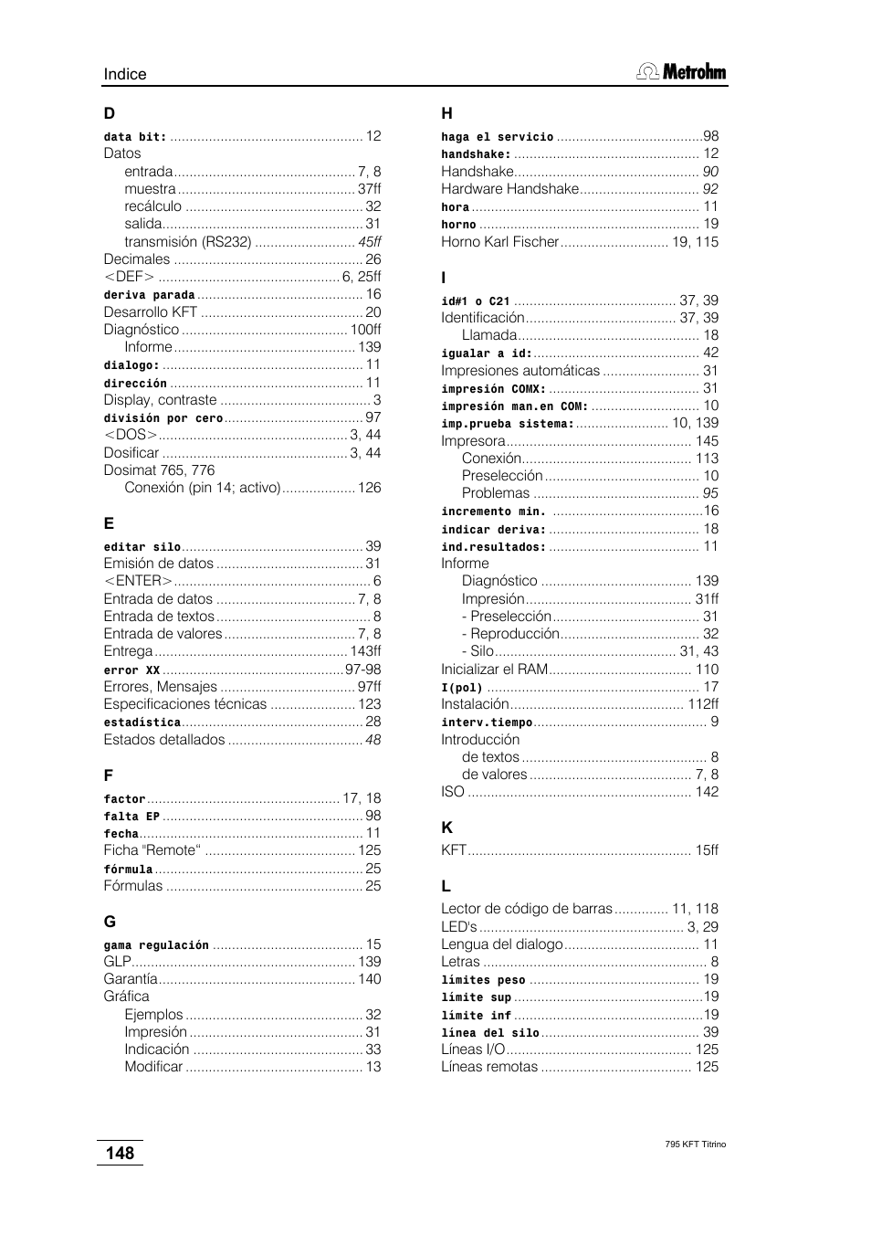 Metrohm 795 KFT Titrino User Manual | Page 152 / 154