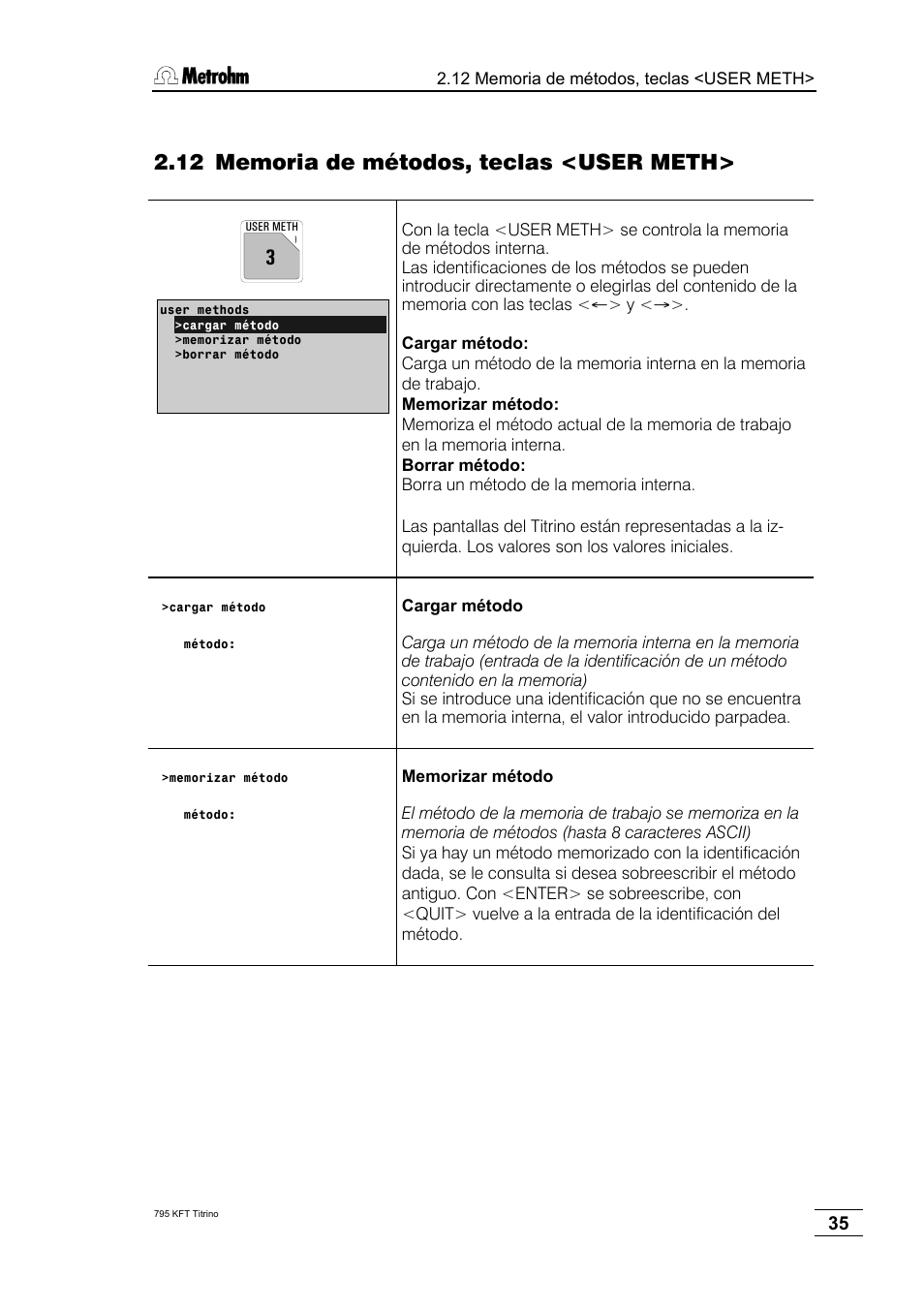 12 memoria de métodos, teclas <user meth | Metrohm 795 KFT Titrino User Manual | Page 39 / 154