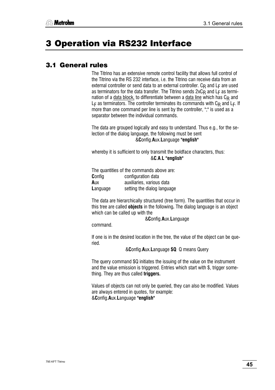 3 operation via rs232 interface, 1 general rules | Metrohm 795 KFT Titrino User Manual | Page 49 / 154