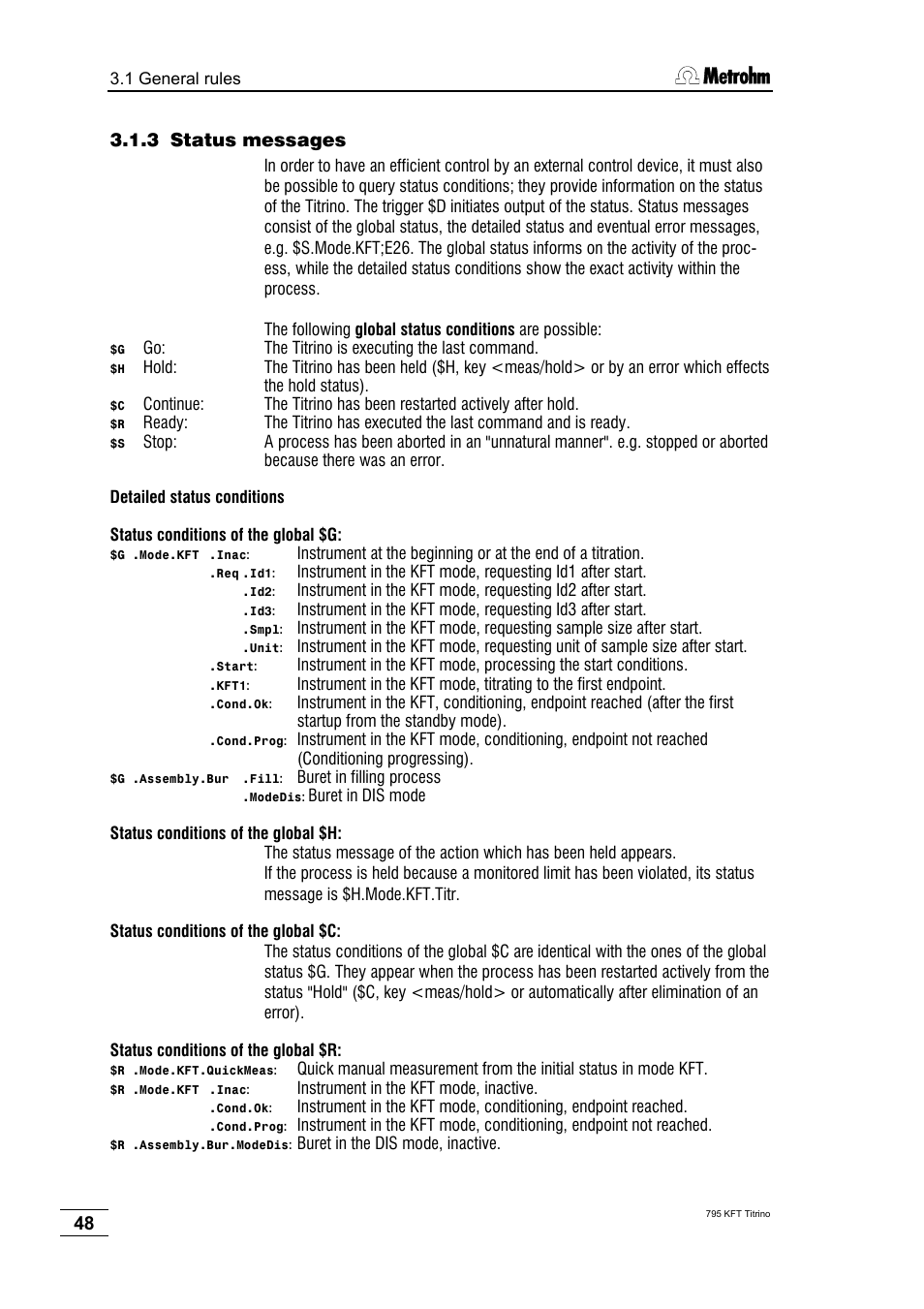 3 status messages | Metrohm 795 KFT Titrino User Manual | Page 52 / 154