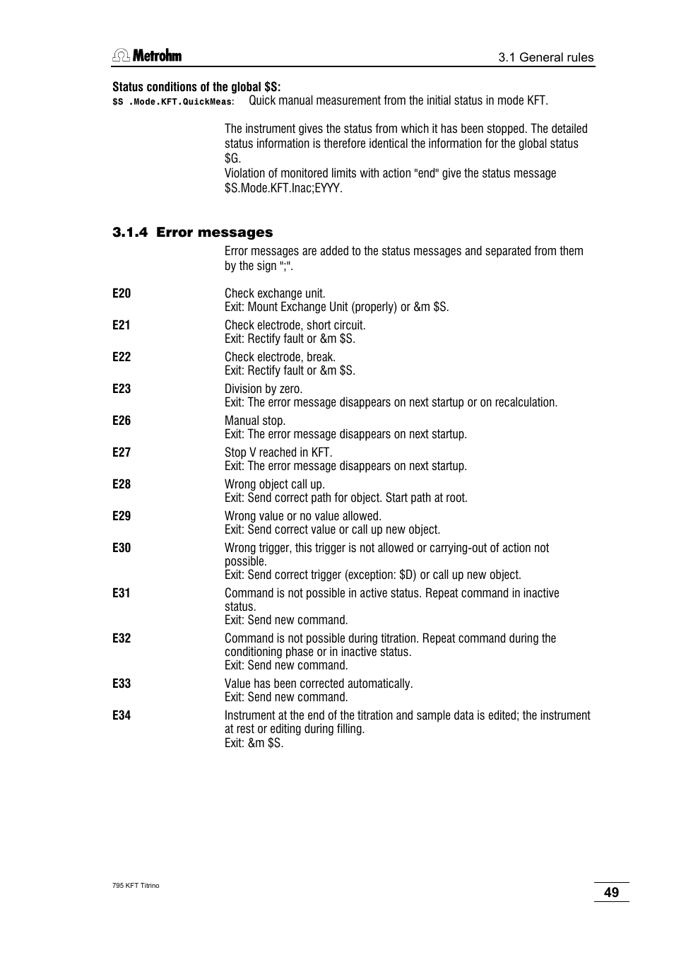 4 error messages | Metrohm 795 KFT Titrino User Manual | Page 53 / 154