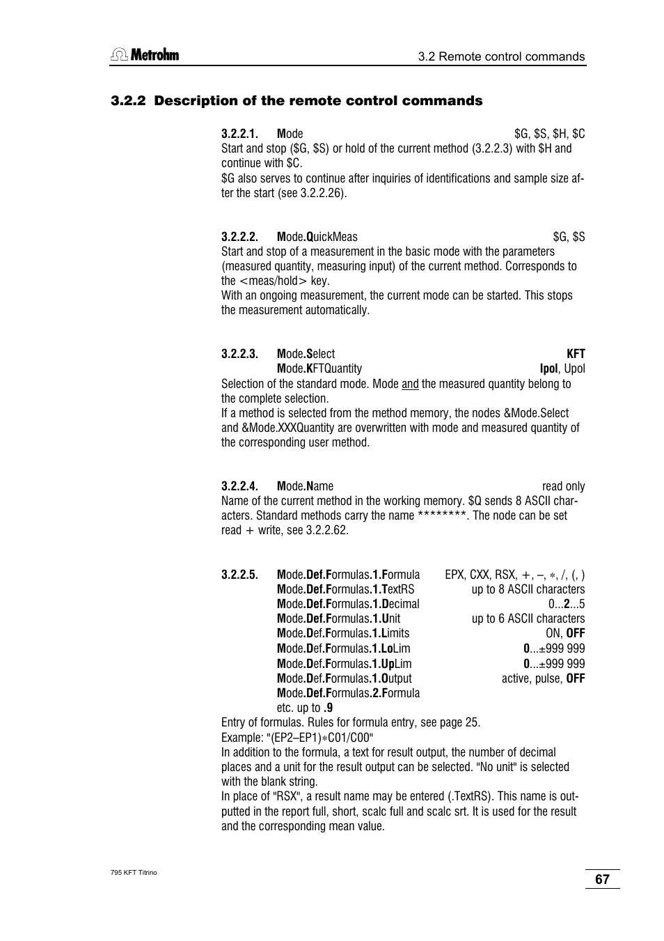 2 description of the remote control commands | Metrohm 795 KFT Titrino User Manual | Page 71 / 154