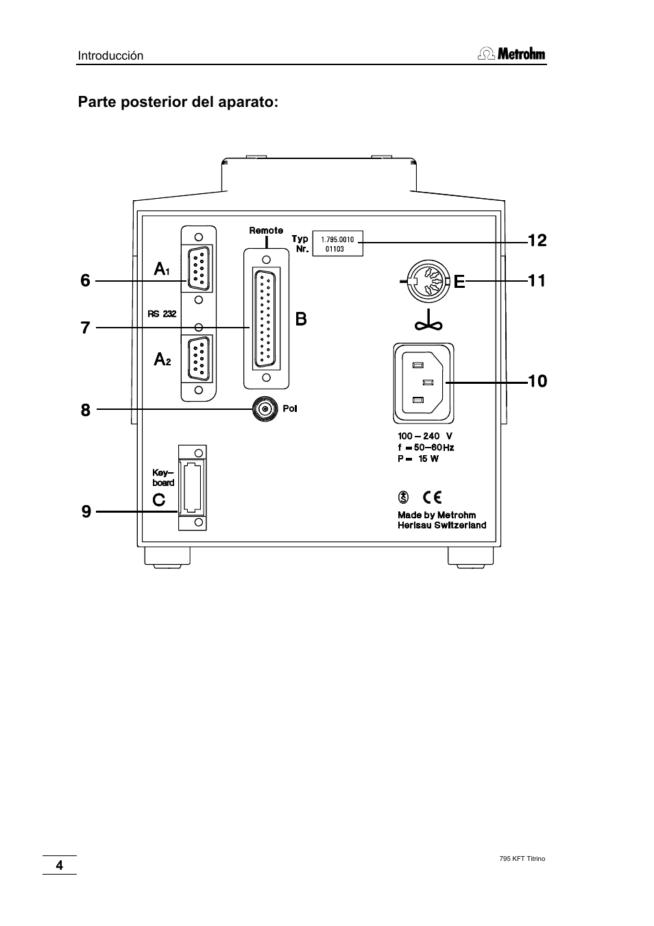 Parte posterior del aparato | Metrohm 795 KFT Titrino User Manual | Page 8 / 154