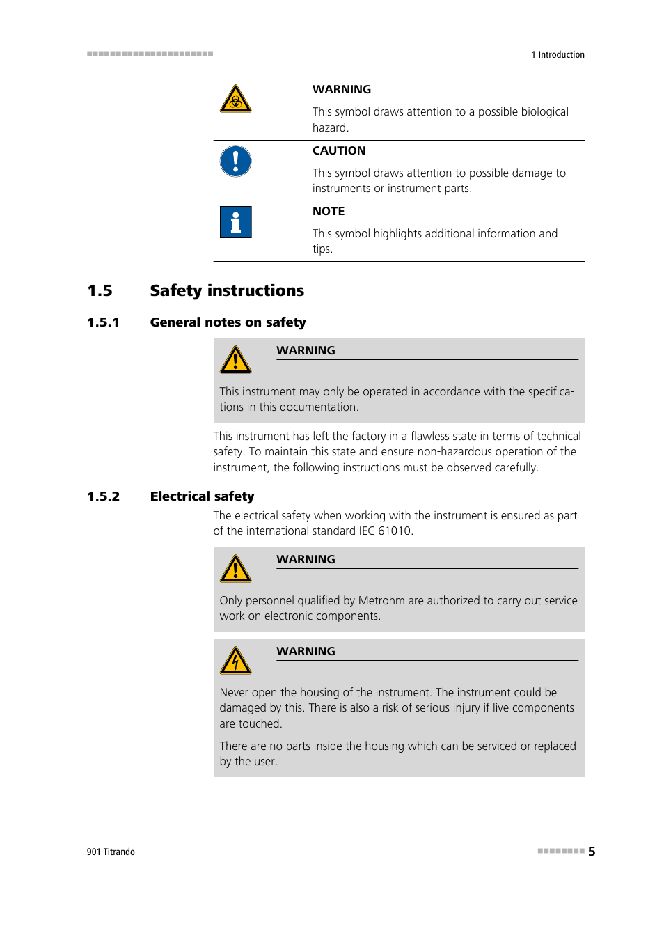 5 safety instructions, 1 general notes on safety, 2 electrical safety | Safety instructions, General notes on safety, Electrical safety | Metrohm 901 Titrando User Manual | Page 13 / 67