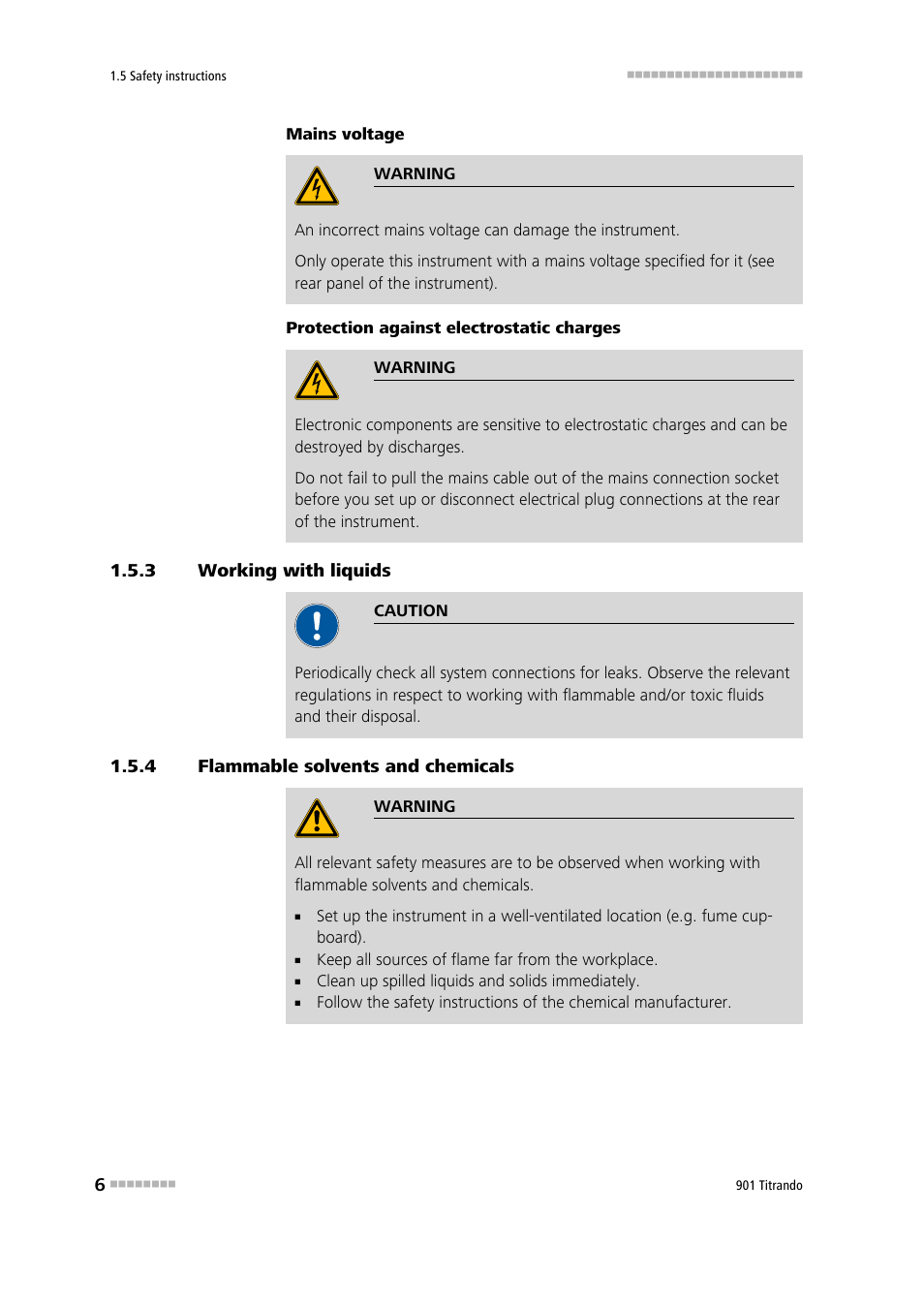 3 working with liquids, 4 flammable solvents and chemicals, Working with liquids | Flammable solvents and chemicals | Metrohm 901 Titrando User Manual | Page 14 / 67
