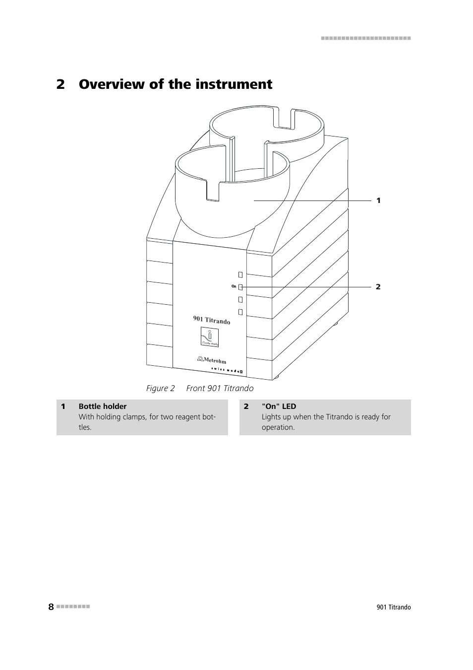 2 overview of the instrument, Figure 2, Front 901 titrando | Metrohm 901 Titrando User Manual | Page 16 / 67