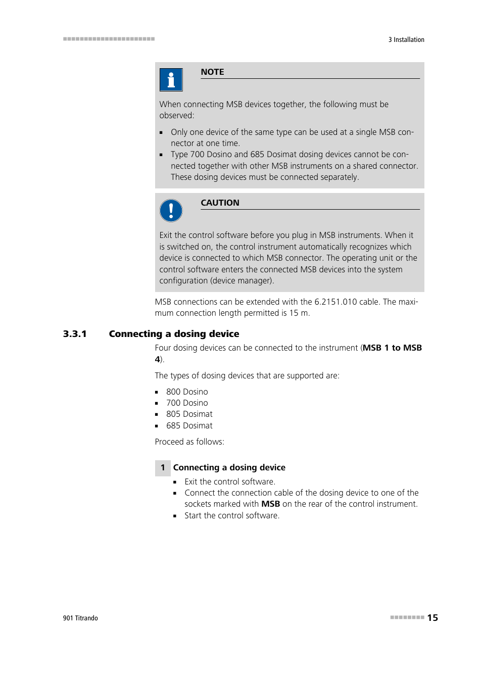 1 connecting a dosing device, Connecting a dosing device | Metrohm 901 Titrando User Manual | Page 23 / 67