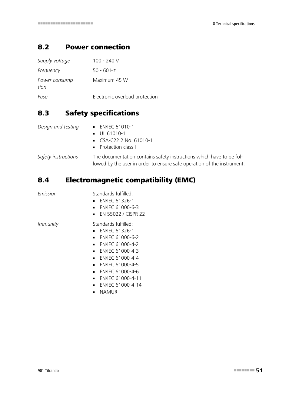 2 power connection, 3 safety specifications, 4 electromagnetic compatibility (emc) | Power connection, Safety specifications, Electromagnetic compatibility (emc) | Metrohm 901 Titrando User Manual | Page 59 / 67