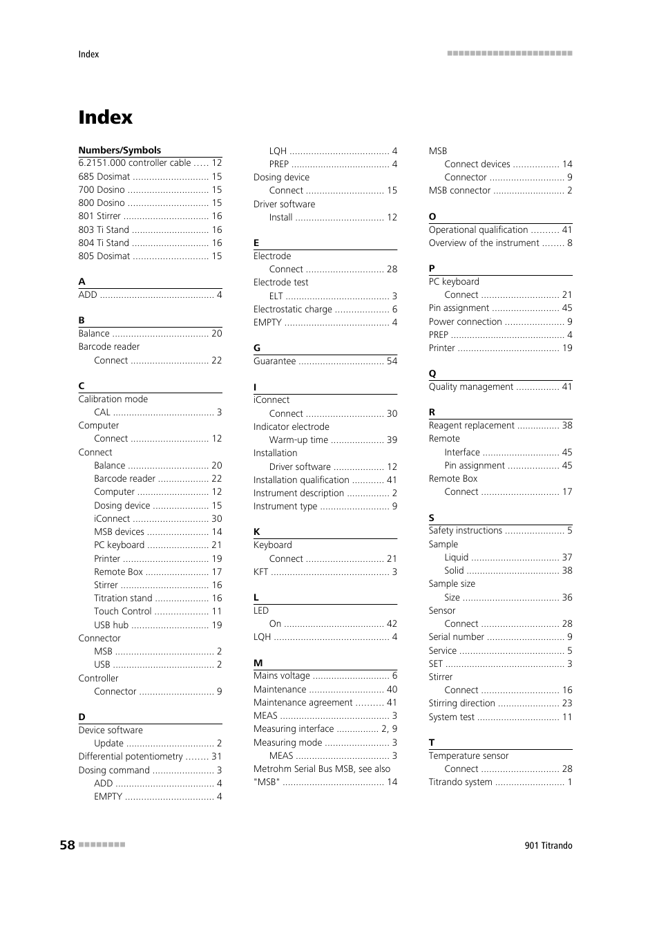 Index | Metrohm 901 Titrando User Manual | Page 66 / 67