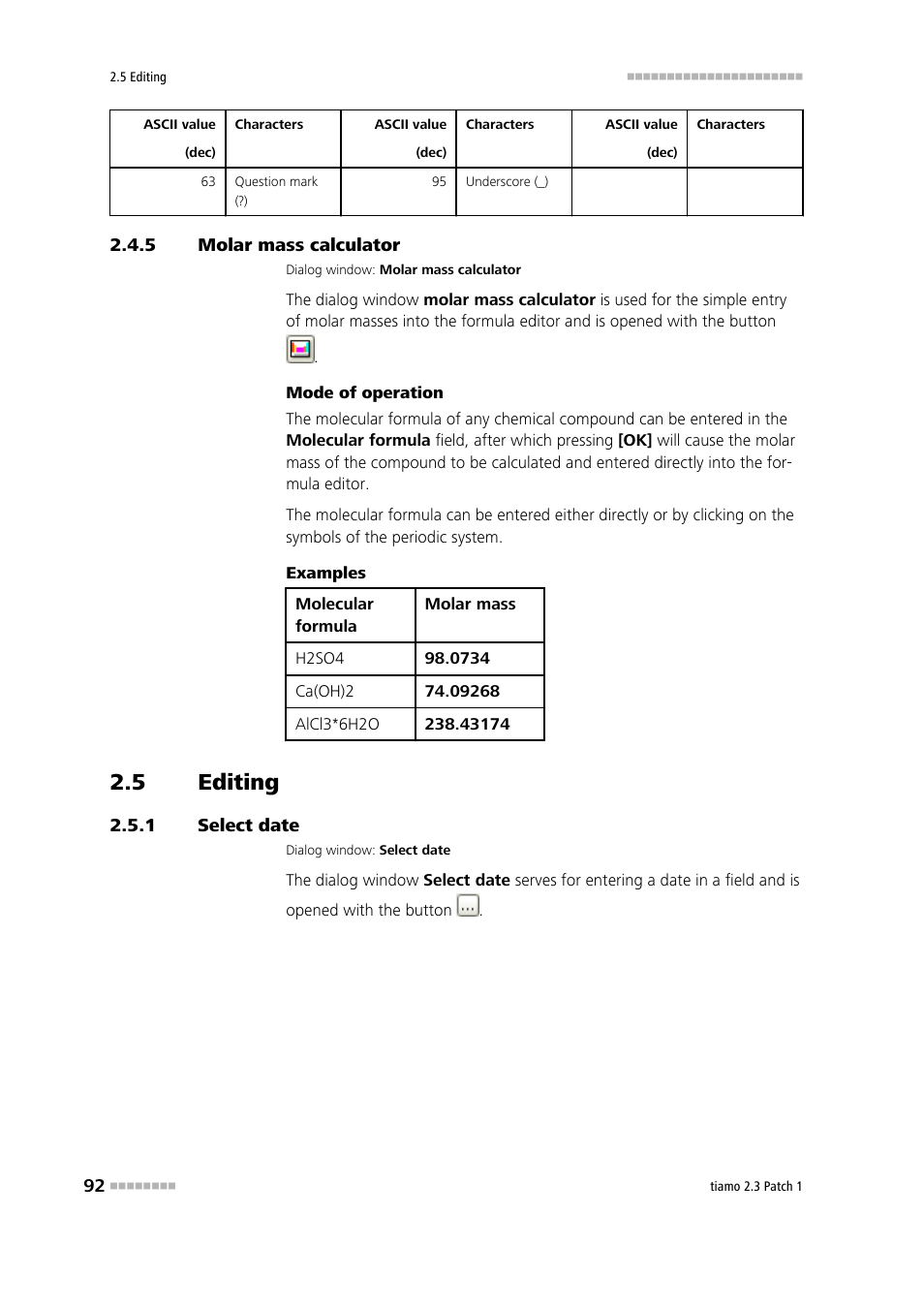 5 molar mass calculator, 5 editing, 1 select date | Molar mass calculator, Editing, Select date | Metrohm tiamo 2.3 Patch 1 User Manual | Page 108 / 1702