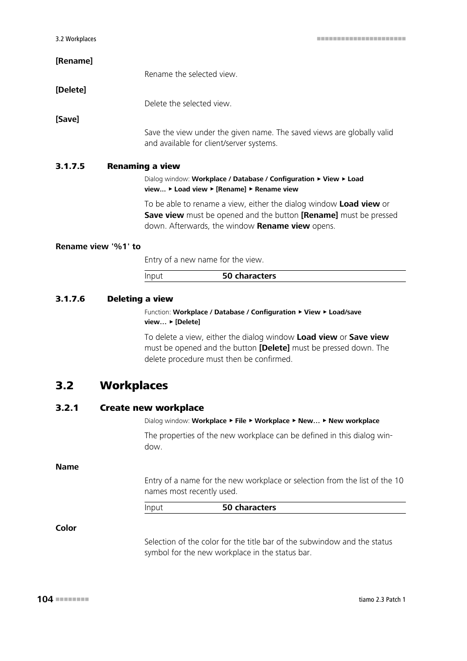 5 renaming a view, 6 deleting a view, 2 workplaces | 1 create new workplace, Workplaces, Create new workplace, Rename workplace view, Delete workplace view, Create workplace | Metrohm tiamo 2.3 Patch 1 User Manual | Page 120 / 1702