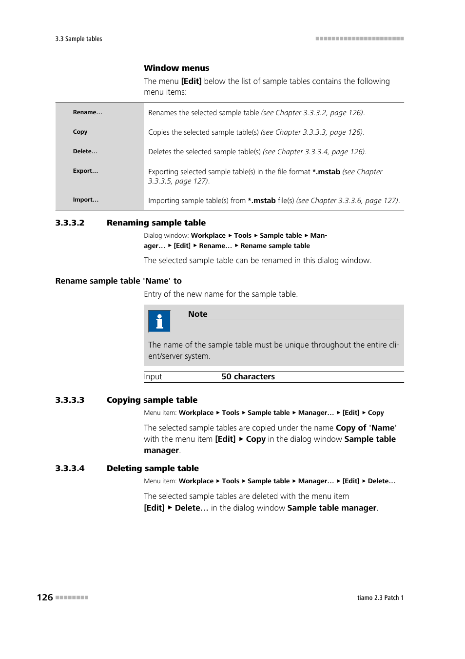 2 renaming sample table, 3 copying sample table, 4 deleting sample table | Metrohm tiamo 2.3 Patch 1 User Manual | Page 142 / 1702