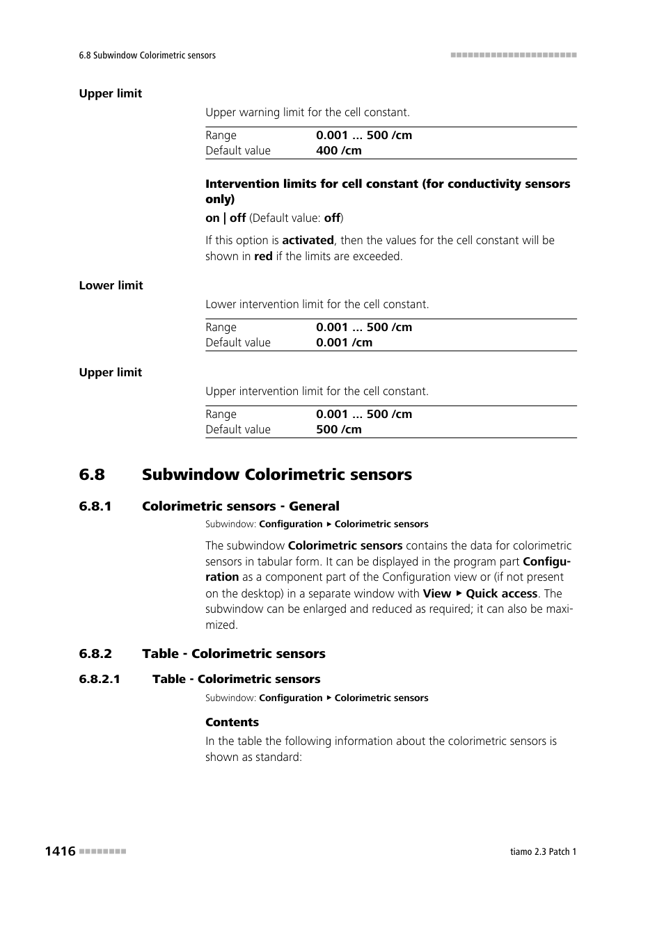 8 subwindow colorimetric sensors, 1 colorimetric sensors - general, 2 table - colorimetric sensors | 1 table - colorimetric sensors, Subwindow colorimetric sensors 6, Colorimetric sensors - general 6, Table - colorimetric sensors 6 | Metrohm tiamo 2.3 Patch 1 User Manual | Page 1432 / 1702