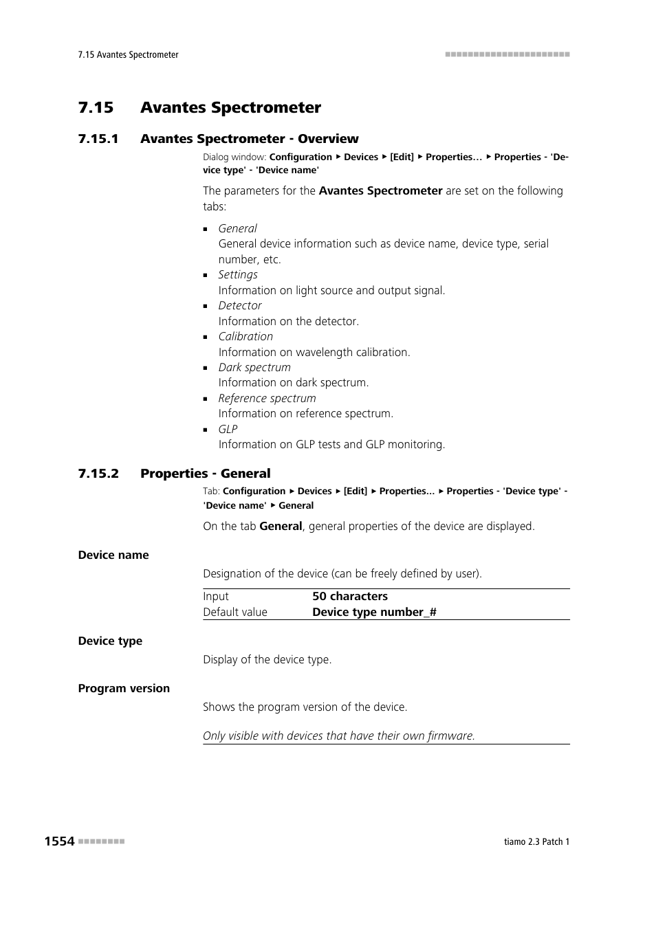 15 avantes spectrometer, 1 avantes spectrometer - overview, 2 properties - general | 15 avantes spectrometer 4 7.15.1, Avantes spectrometer - overview 4, Properties - general 4, Avantes spectrometer | Metrohm tiamo 2.3 Patch 1 User Manual | Page 1570 / 1702