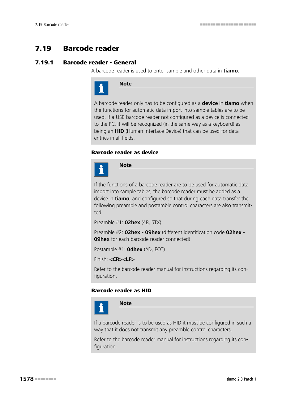 19 barcode reader, 1 barcode reader - general, 19 barcode reader 8 7.19.1 | Barcode reader - general 8, Barcode reader | Metrohm tiamo 2.3 Patch 1 User Manual | Page 1594 / 1702