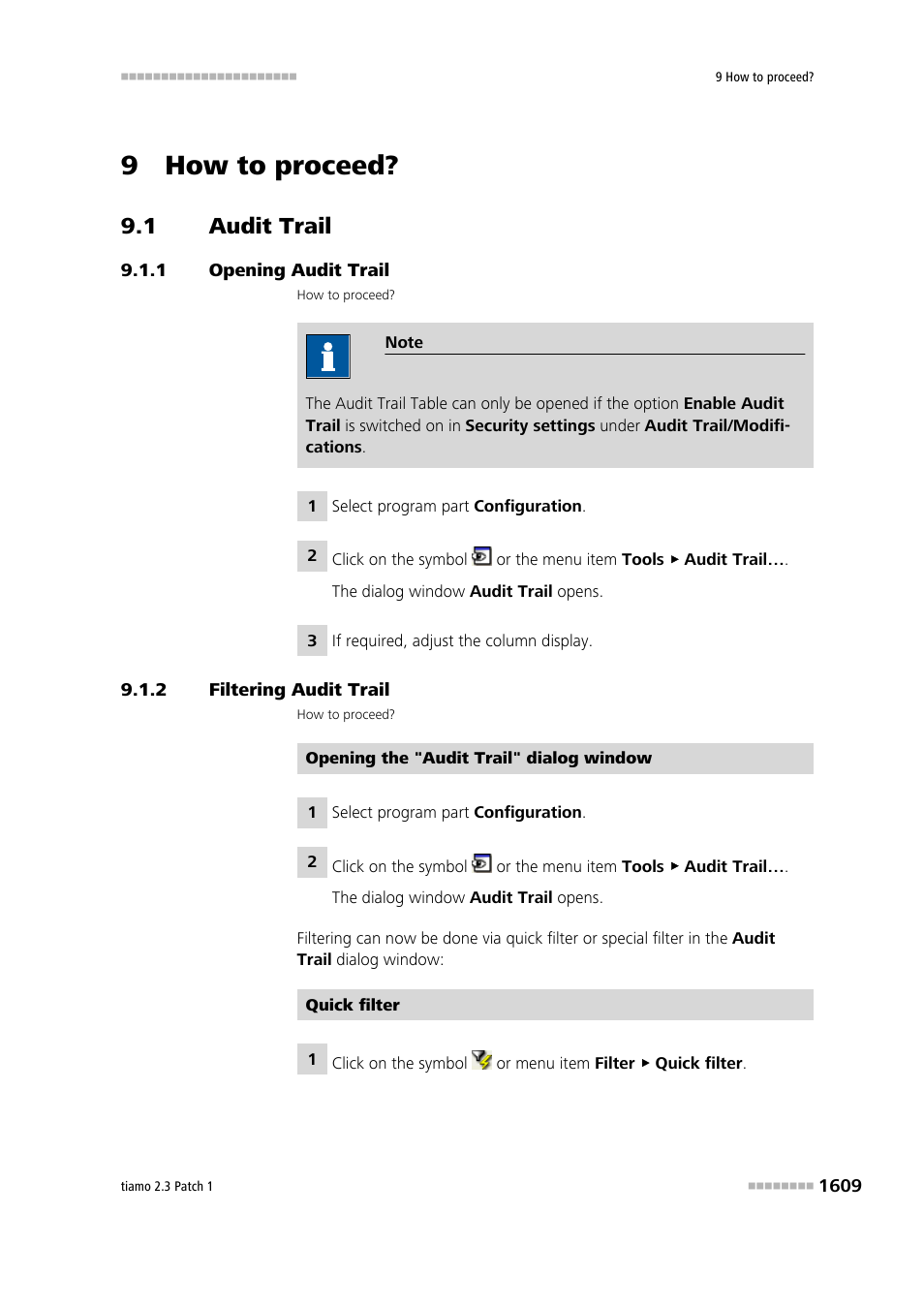 9 how to proceed, 1 audit trail, 1 opening audit trail | 2 filtering audit trail, Audit trail 9, Opening audit trail 9, Filtering audit trail 9 | Metrohm tiamo 2.3 Patch 1 User Manual | Page 1625 / 1702