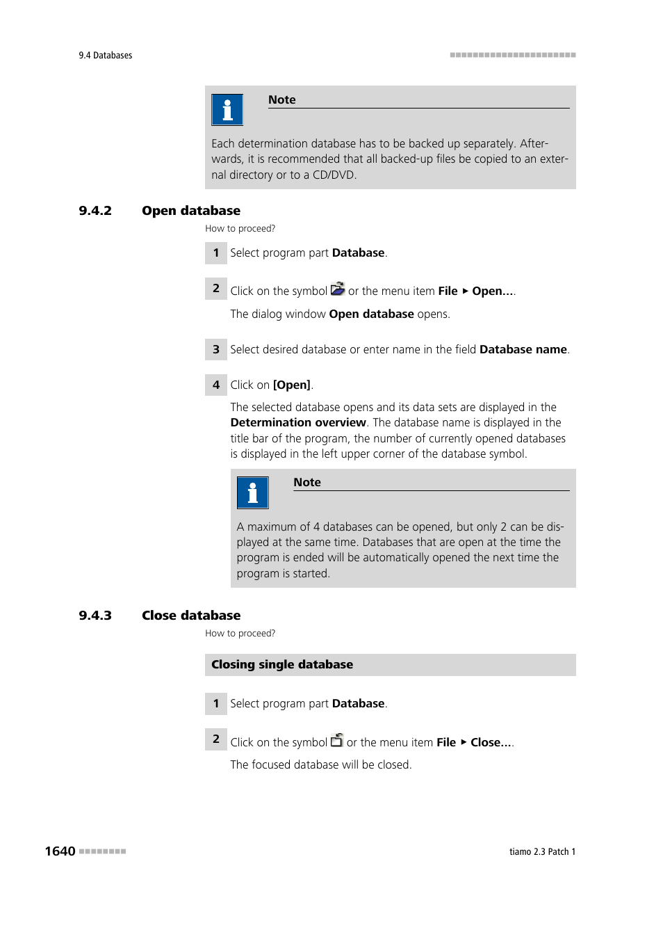 2 open database, 3 close database, Open database 0 | Close database 0 | Metrohm tiamo 2.3 Patch 1 User Manual | Page 1656 / 1702