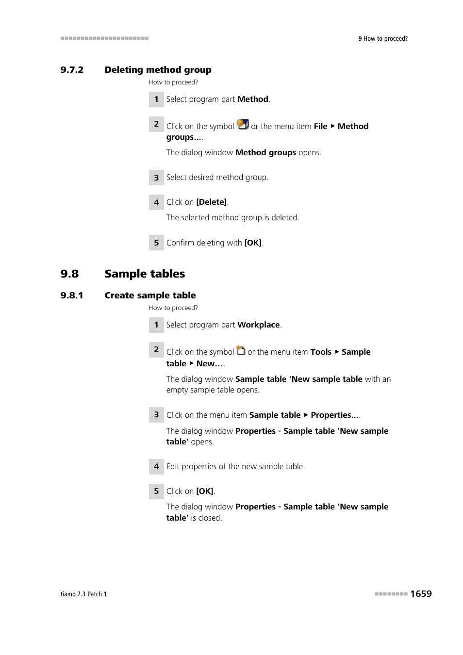 2 deleting method group, 8 sample tables, 1 create sample table | Deleting method group 9, Sample tables 9, Create sample table 9 | Metrohm tiamo 2.3 Patch 1 User Manual | Page 1675 / 1702