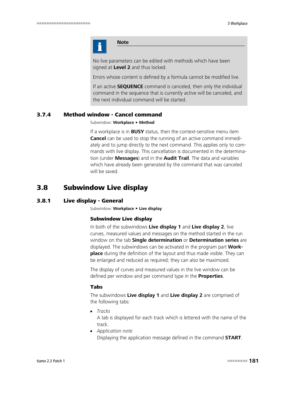 4 method window - cancel command, 8 subwindow live display, 1 live display - general | Method window - cancel command, Subwindow live display, Live display - general, Live display 1, Live display 2, Cancel commands | Metrohm tiamo 2.3 Patch 1 User Manual | Page 197 / 1702