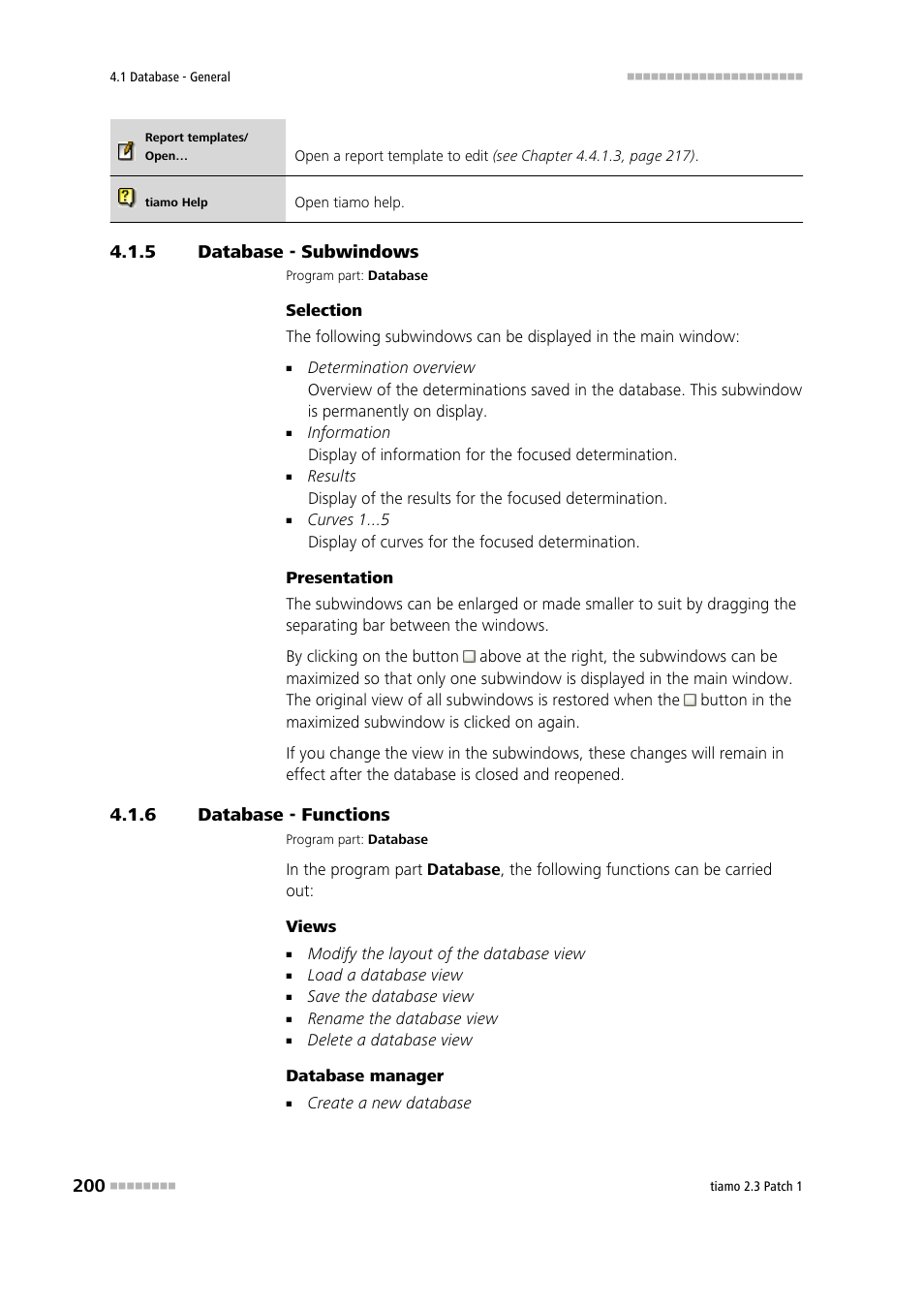 5 database - subwindows, 6 database - functions, Database - subwindows | Database - functions | Metrohm tiamo 2.3 Patch 1 User Manual | Page 216 / 1702