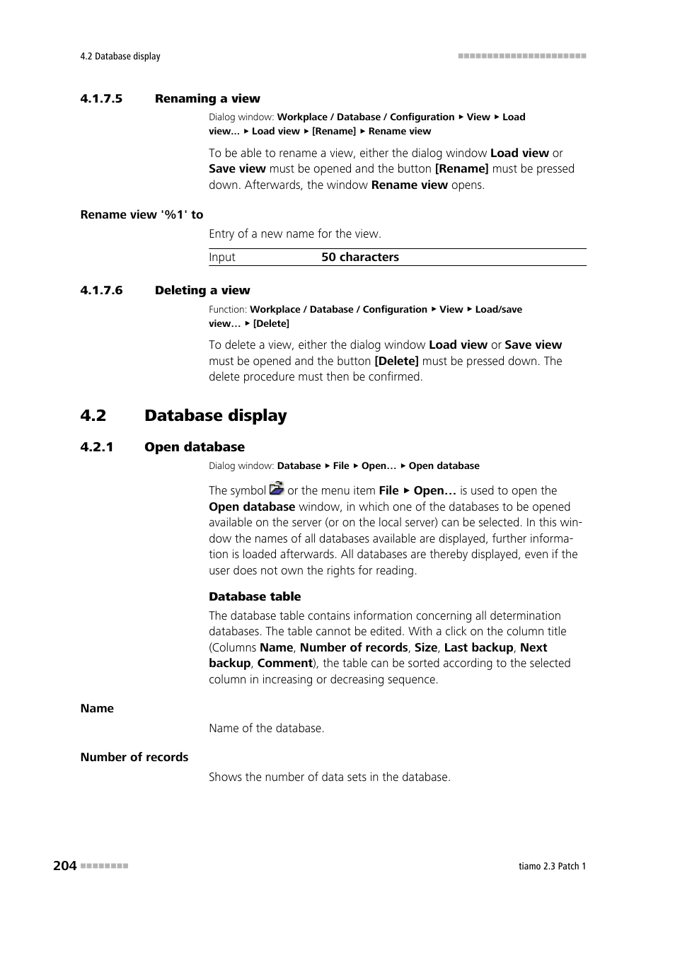 5 renaming a view, 6 deleting a view, 2 database display | 1 open database, Database display, Open database | Metrohm tiamo 2.3 Patch 1 User Manual | Page 220 / 1702