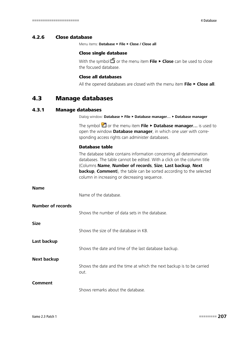 6 close database, 3 manage databases, 1 manage databases | Close database, Manage databases | Metrohm tiamo 2.3 Patch 1 User Manual | Page 223 / 1702