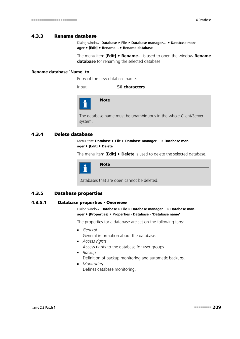 3 rename database, 4 delete database, 5 database properties | 1 database properties - overview, Rename database, Delete database, Database properties, Rename the database, Edit the database properties, Delete the database | Metrohm tiamo 2.3 Patch 1 User Manual | Page 225 / 1702