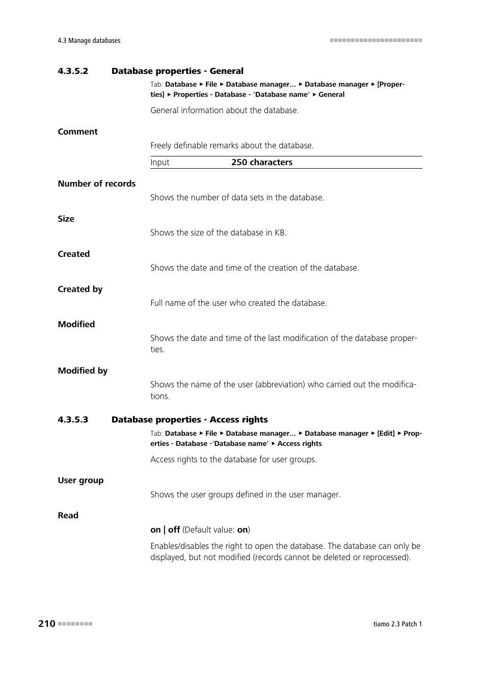 2 database properties - general, 3 database properties - access rights | Metrohm tiamo 2.3 Patch 1 User Manual | Page 226 / 1702