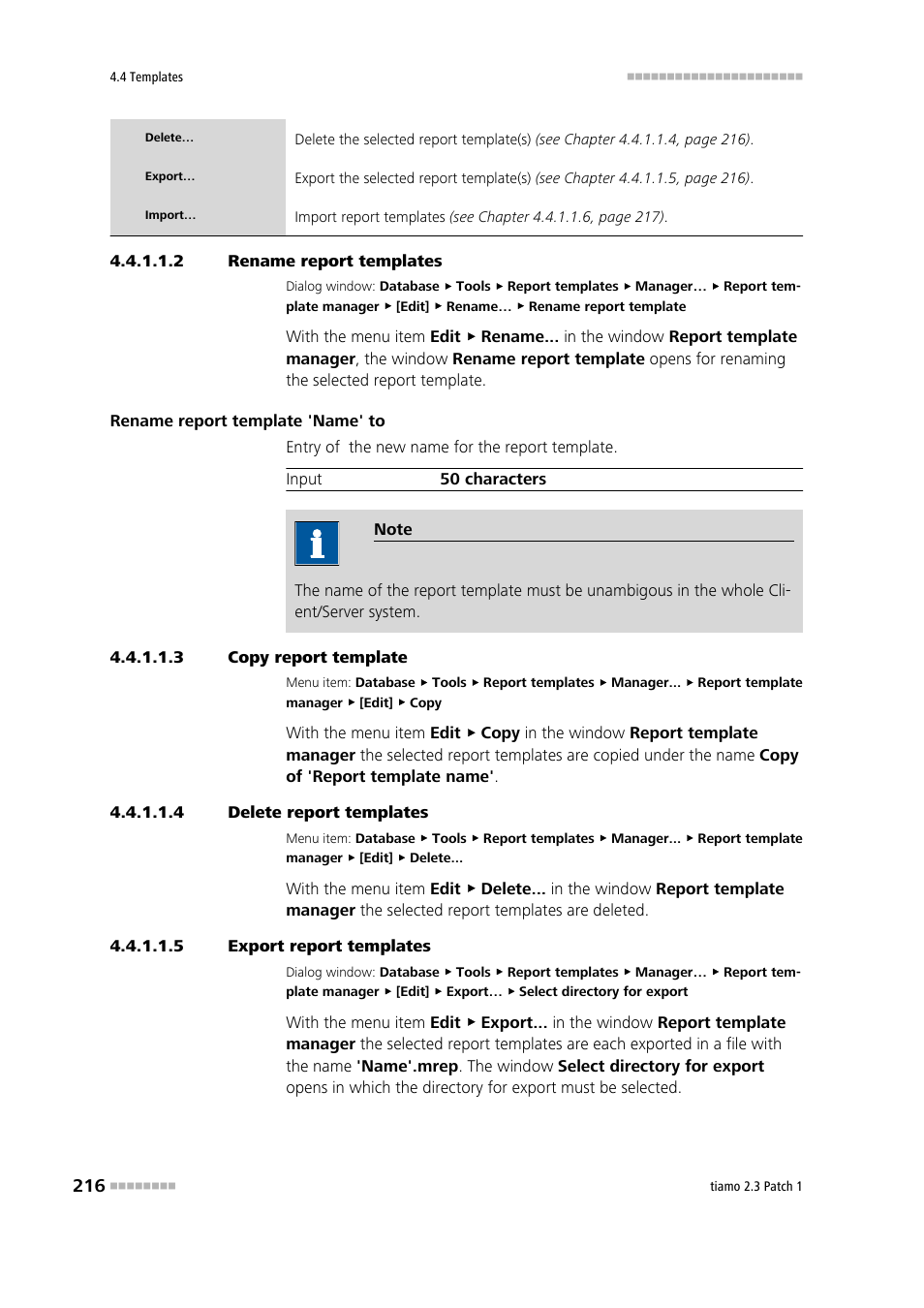 2 rename report templates, 3 copy report template, 4 delete report templates | 5 export report templates | Metrohm tiamo 2.3 Patch 1 User Manual | Page 232 / 1702