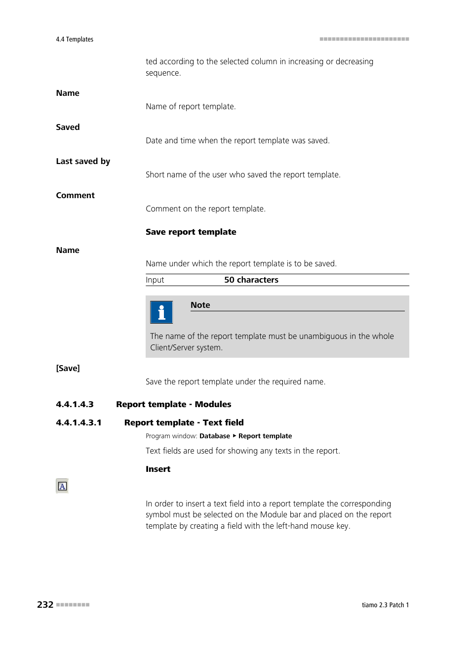 3 report template - modules, 1 report template - text field, Text field | Metrohm tiamo 2.3 Patch 1 User Manual | Page 248 / 1702