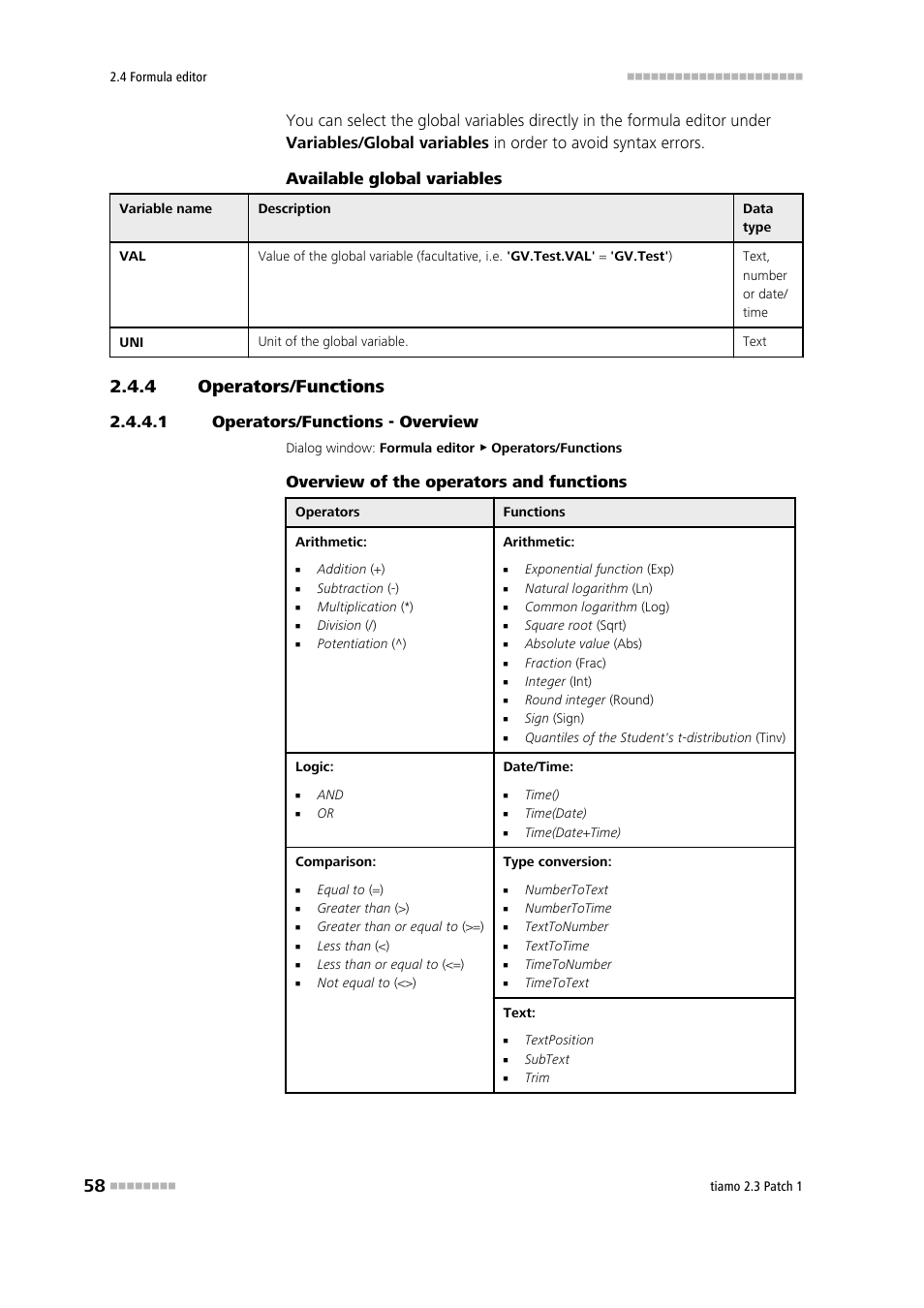 4 operators/functions, 1 operators/functions - overview, Operators/functions | Overview of the operators and functions | Metrohm tiamo 2.3 Patch 1 User Manual | Page 74 / 1702