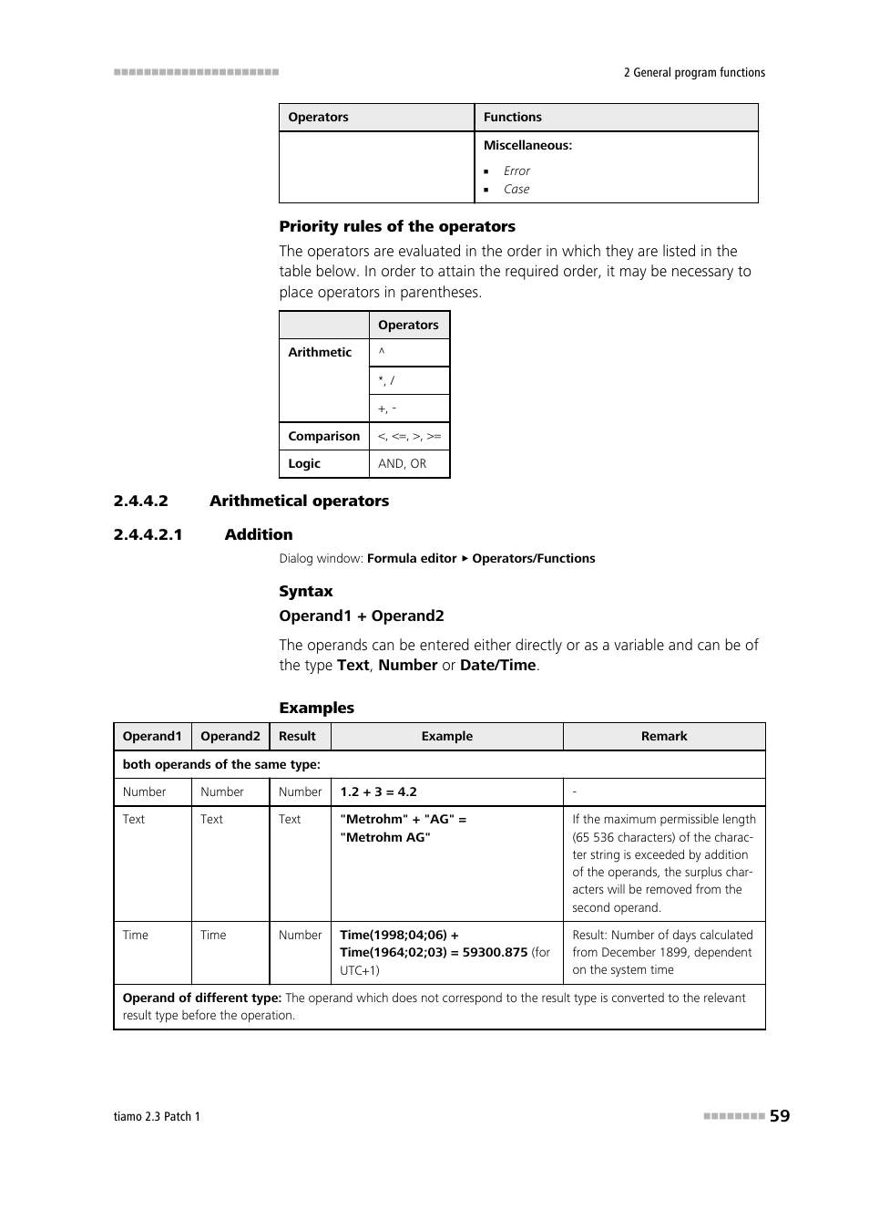 2 arithmetical operators, 1 addition, Addition | Addition (+) | Metrohm tiamo 2.3 Patch 1 User Manual | Page 75 / 1702