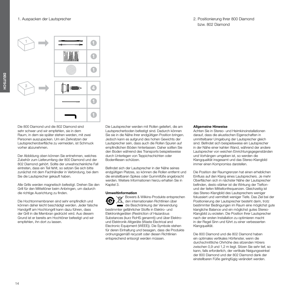 Deutsch, Auspacken der lautsprecher, positionierung ihrer 800 diamond bzw. 802 diamond | Bowers & Wilkins 800 User Manual | Page 14 / 50
