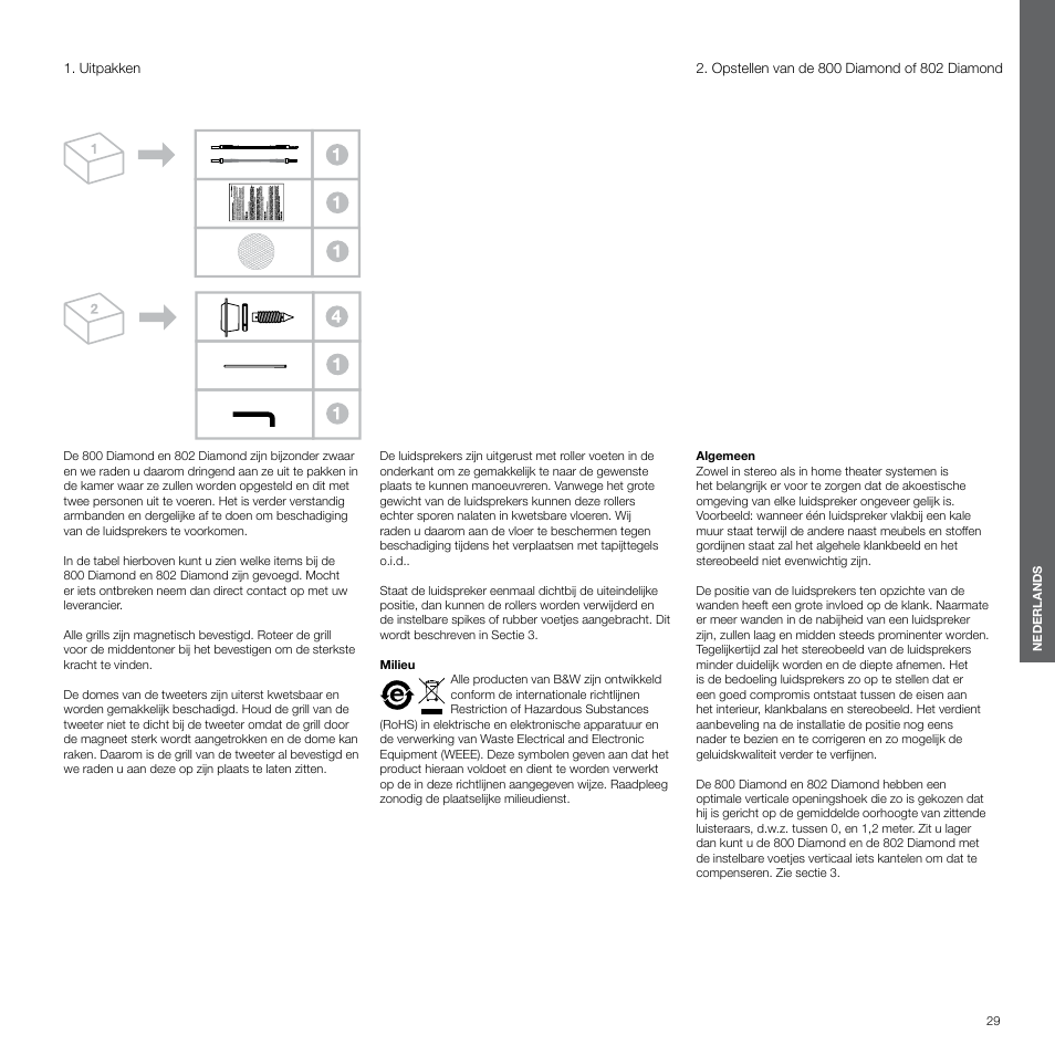 Nederlands, Uitpakken, Opstellen van de 800 diamond of 802 diamond | Bowers & Wilkins 800 User Manual | Page 29 / 50