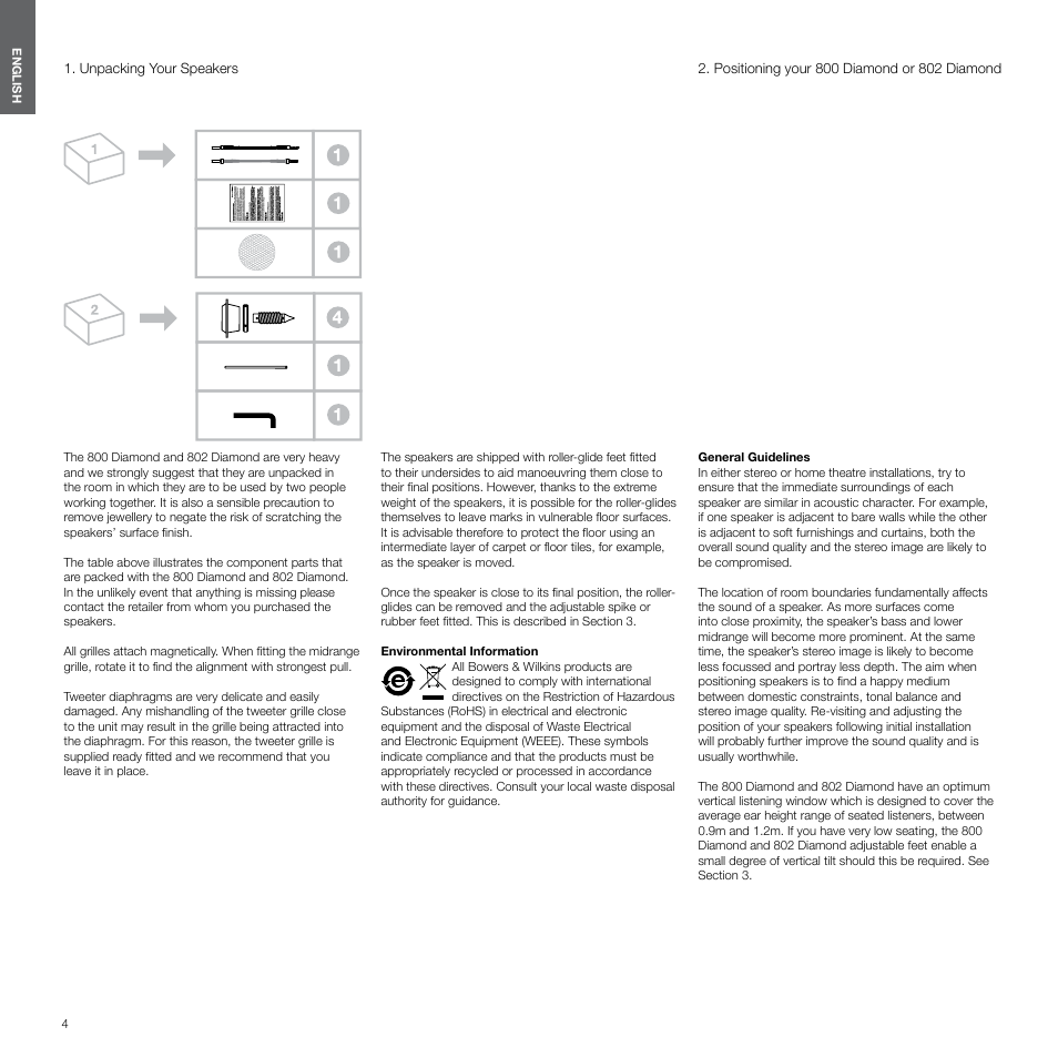 English, Unpacking your speakers, Positioning your 800 diamond or 802 diamond | Bowers & Wilkins 800 User Manual | Page 4 / 50