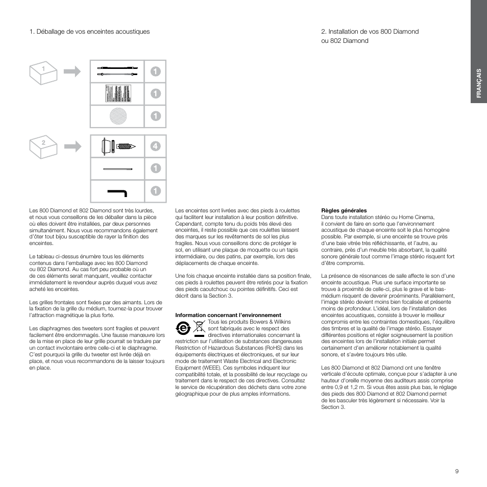 Français, Déballage de vos enceintes acoustiques, Installation de vos 800 diamond ou 802 diamond | Bowers & Wilkins 800 User Manual | Page 9 / 50