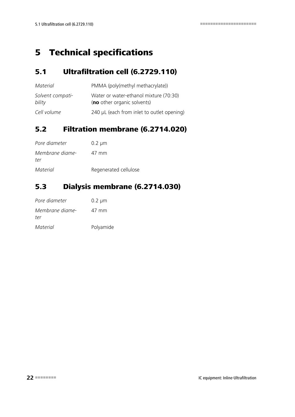 5 technical specifications, 1 ultrafiltration cell (6.2729.110), 2 filtration membrane (6.2714.020) | 3 dialysis membrane (6.2714.030), Ultrafiltration cell (6.2729.110), Filtration membrane (6.2714.020), Dialysis membrane (6.2714.030) | Metrohm Inline-Ultrafiltration User Manual | Page 28 / 31