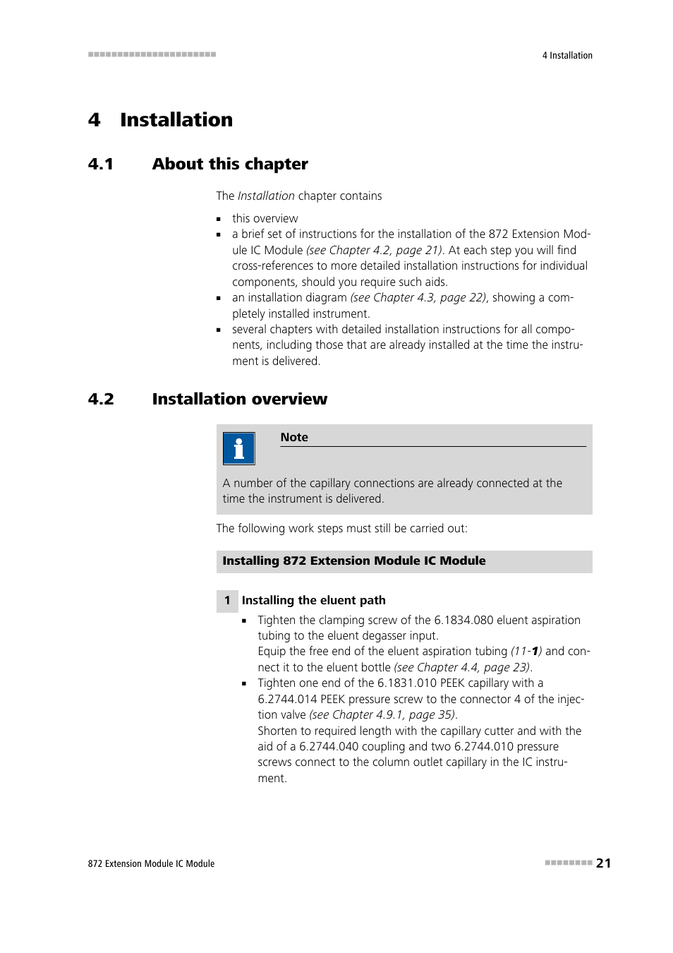 4 installation, 1 about this chapter, 2 installation overview | About this chapter, Installation overview | Metrohm 872 Extension Module User Manual | Page 29 / 84