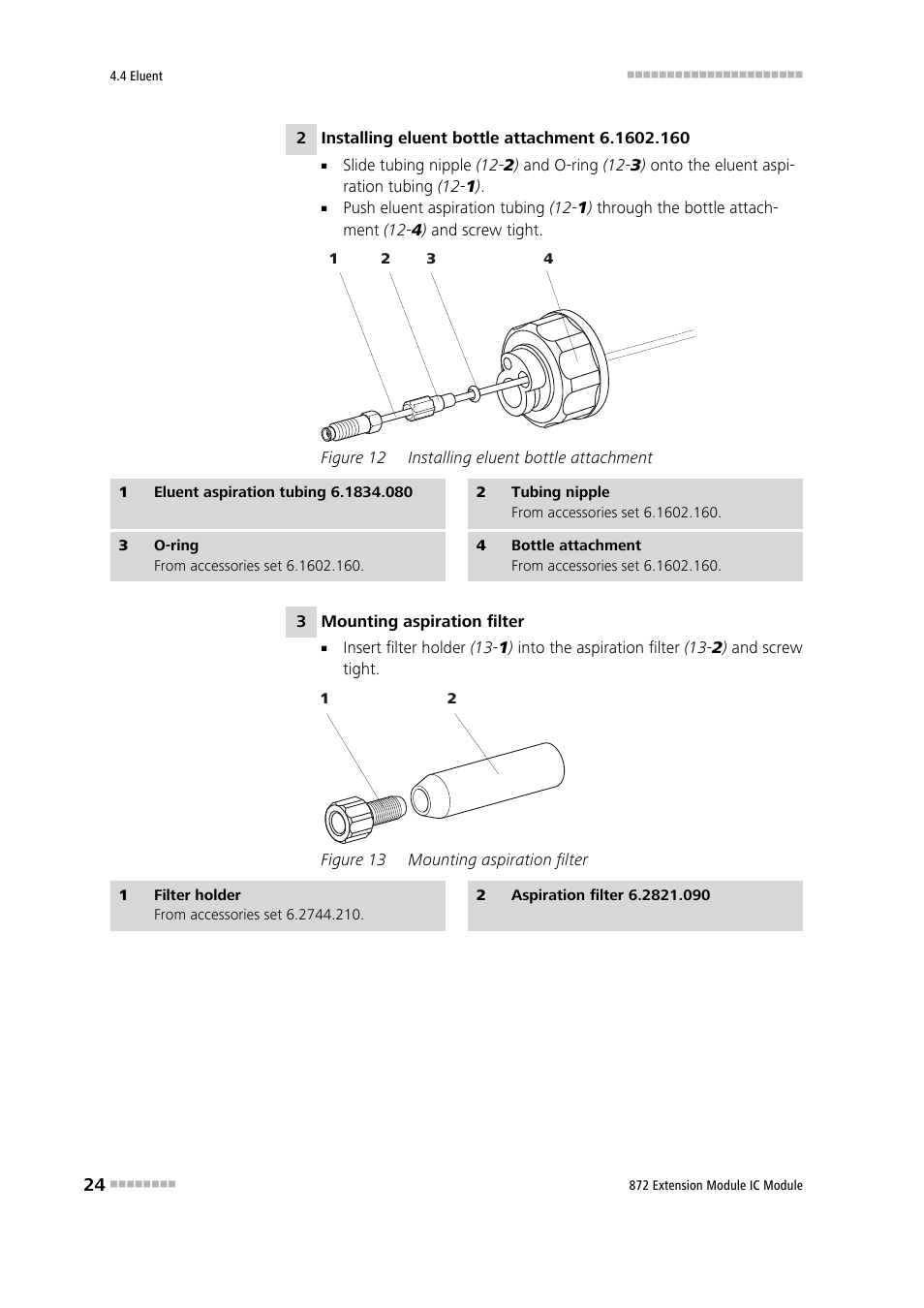 Figure 12, Installing eluent bottle attachment, Figure 13 | Mounting aspiration filter | Metrohm 872 Extension Module User Manual | Page 32 / 84